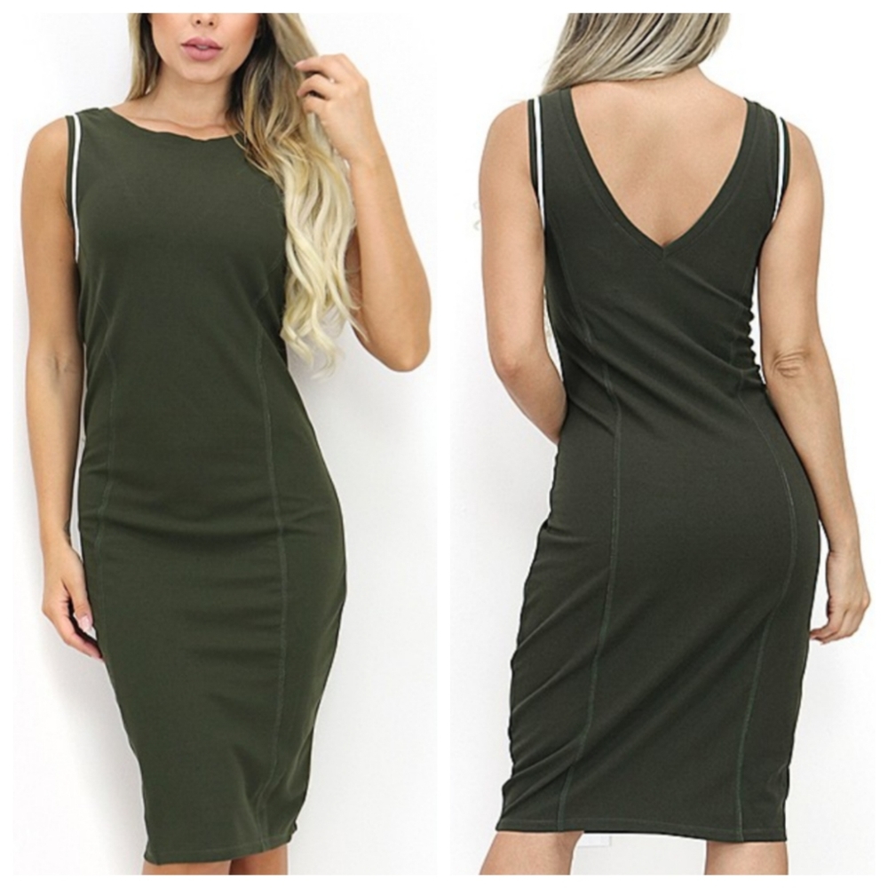 OhConcept olive w white piping bodycon midi dress, sz XL, NWOT